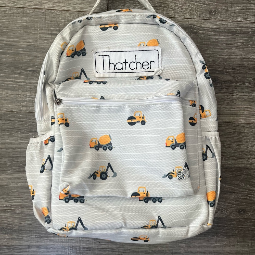 Gray Backpack with Construction Vehicle Print Personalized Thatcher